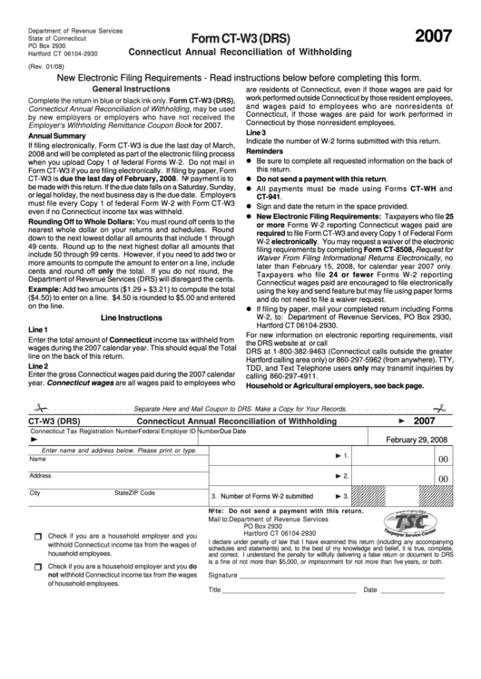 Form Ct-W3 (Drs) - Connecticut Annual Reconciliation Of Withholding - 2007 Printable pdf