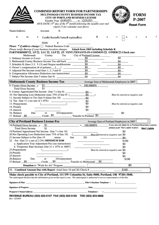 Fillable Form P-2007 - Combined Report Form For Partnerships Printable pdf