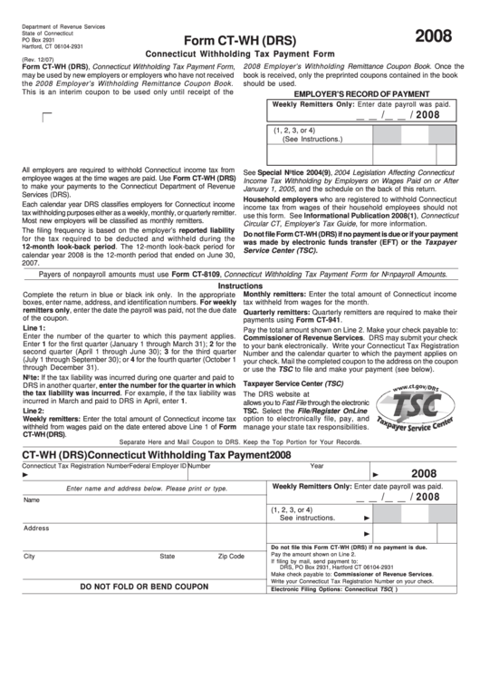 Form Ct-Wh (Drs) - Connecticut Withholding Tax Payment Form - 2008 Printable pdf