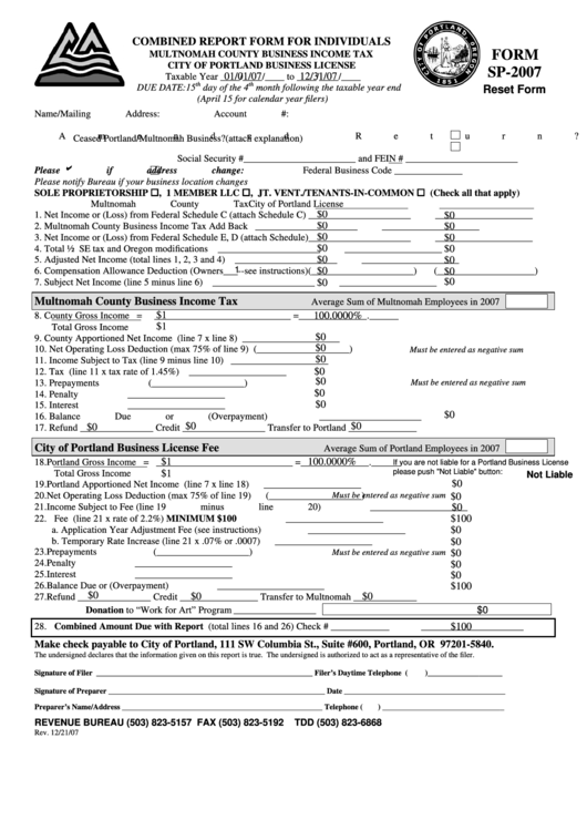 Fillable Form Sp-2007 - Combined Report Form For Individuals Printable pdf