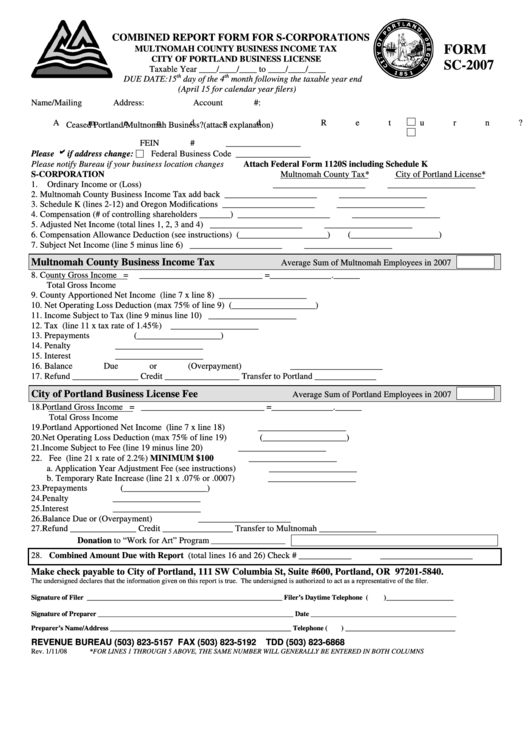 Form Sc-2007 - Combined Report Form For S-Corporations - 2008 Printable pdf