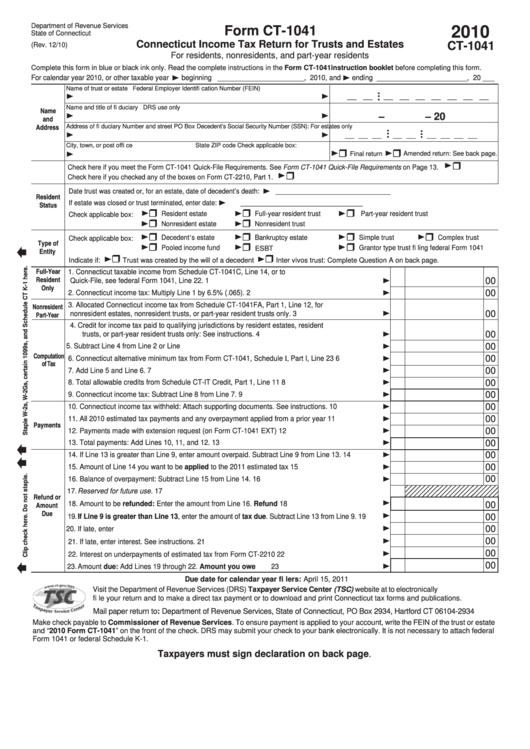 Form Ct-1041 - Connecticut Income Tax Return For Trusts And Estates - 2010 Printable pdf