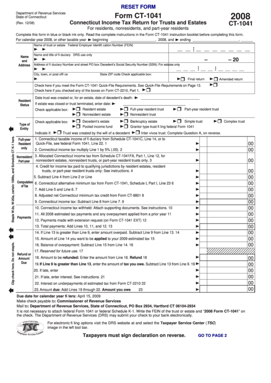 Fillable Form Ct1041 Connecticut Tax Return For Trusts And
