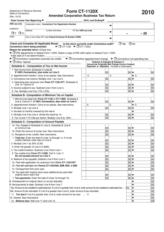 Form Ct-1120x - Amended Corporation Business Tax Return - 2010 Printable pdf
