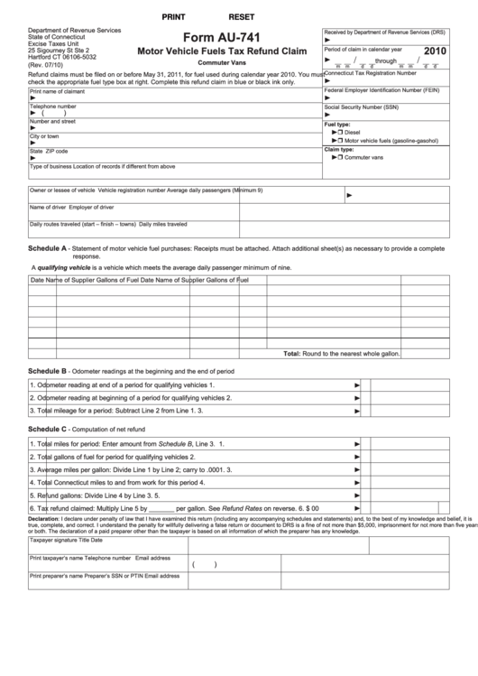 Fillable Form Au-741 - Motor Vehicle Fuels Tax Refund Claim - 2010 Printable pdf