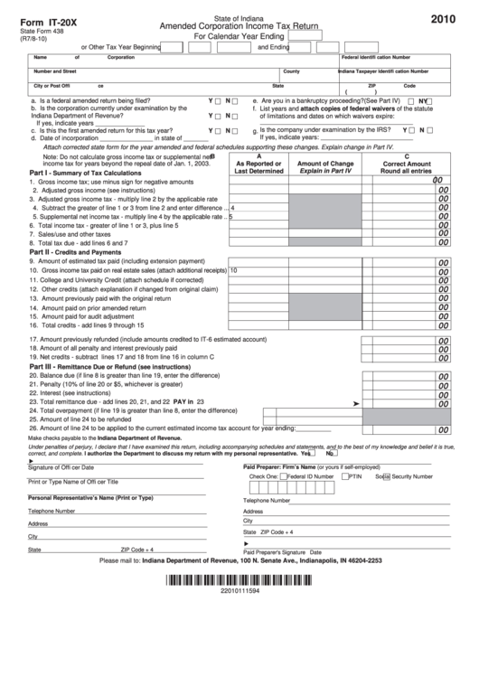 Form It-20x - Amended Corporation Income Tax Return - 2010 Printable pdf