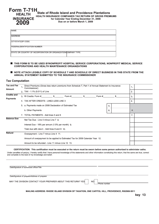 Form T-71h - Health Insurance Companies Tax Return Of Gross Premiums - 2009 Printable pdf