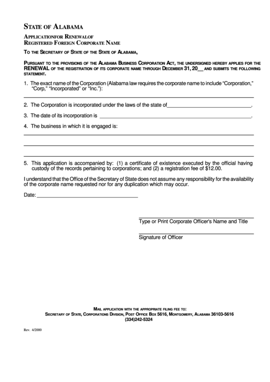 Application For Renewal Of Registered Foreign Corporate Name Form - State Of Alabama Secretary Of State Printable pdf