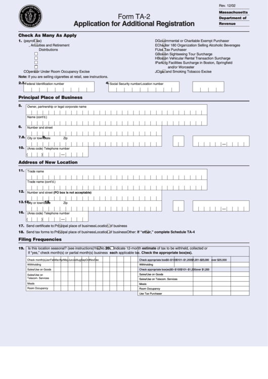 Form Ta-2 - Application For Additional Registration Printable pdf