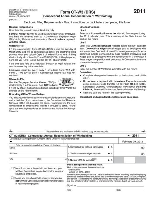 Form Ct-W3 (Drs) - Connecticut Annual Reconciliation Of Withholding - 2011 Printable pdf