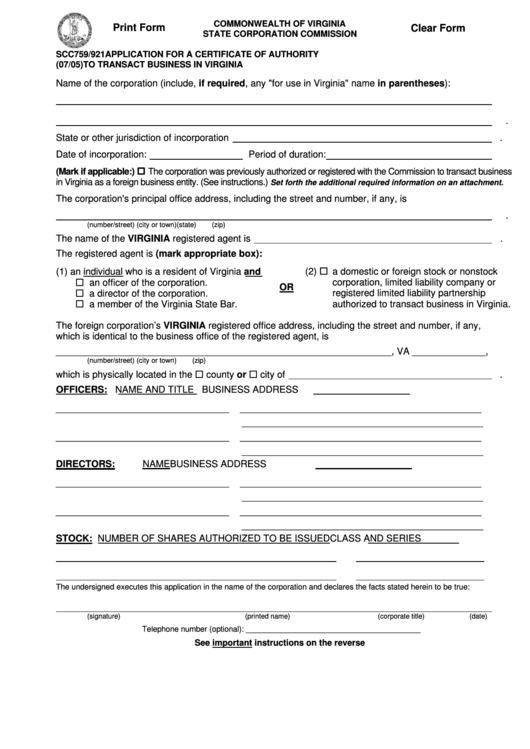 Fillable Form Scc759/921 - Application For A Certificate Of Authority To Transact Business In Virginia Printable pdf