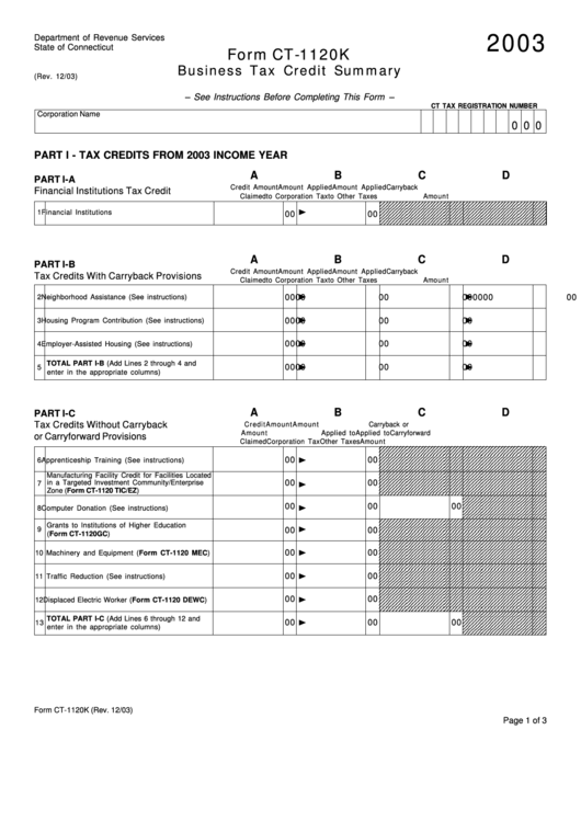 Form Ct-1120k - Business Tax Credit Summary - 2003 Printable pdf