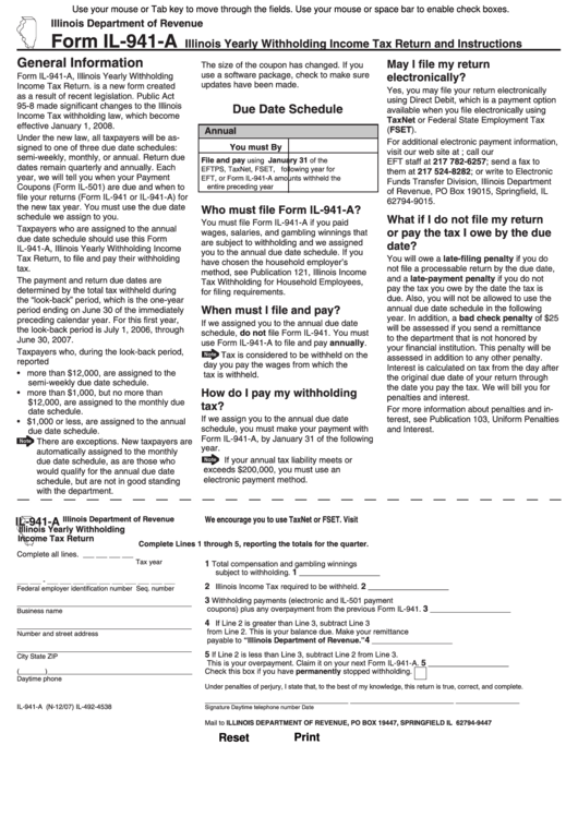 Fillable Form Il-941-A - Illinois Yearly Withholding Income Tax Return - 2007 Printable pdf