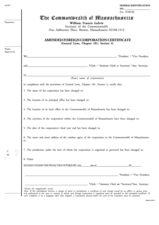 Amended Foreign Corporation Certificate Form - The Commonwealth Of Massachusetts Printable pdf