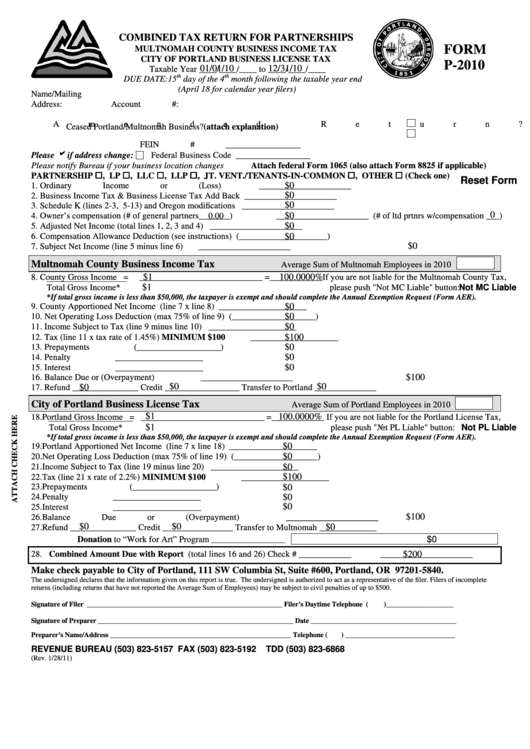 Fillable Form P-2010 - Combined Tax Return For Partnerships Printable pdf