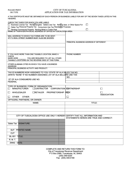 Fillable Application For Tax Information - City Of Tuscaloosa Printable pdf