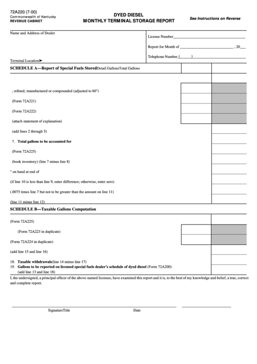 Form 72a220 - Dyed Diesel Monthly Terminal Storage Report Printable pdf
