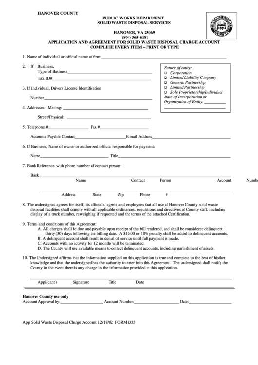 Application And Agreement For Solid Waste Disposal Charge Account Form - Hanover County - Public Works Department Printable pdf