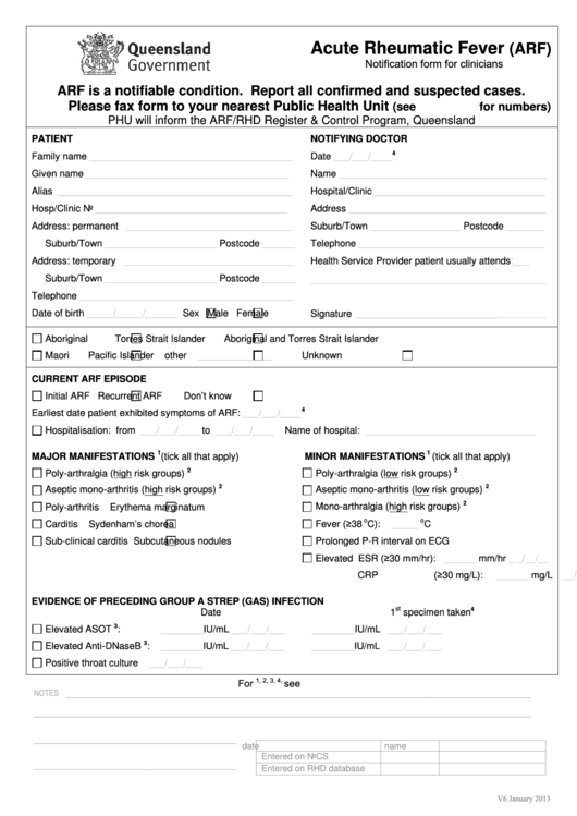 Fillable Acute Rheumatic Fever (Arf) Form - Notification Form For Clinicians - Queensland Government Printable pdf