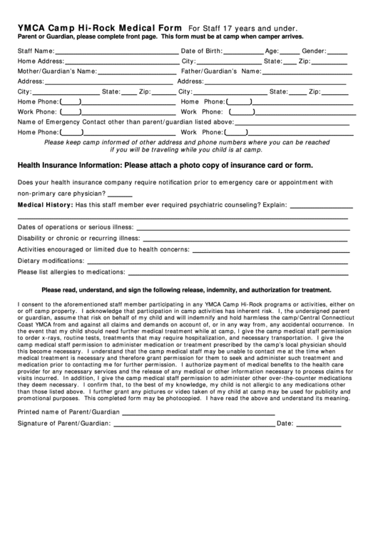 Ymca Camp Hi-Rock Medical Form For Staff 17 Years And Under Printable pdf