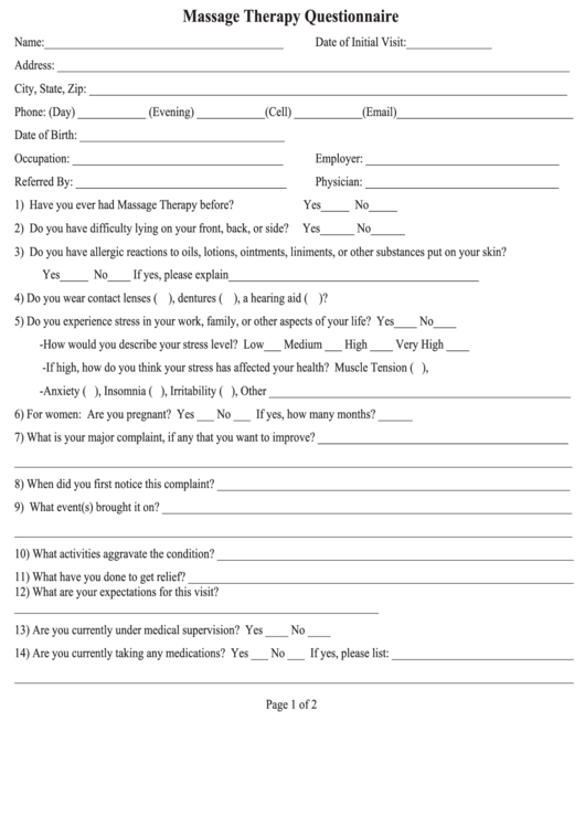 Massage Therapy Questionnaire Template