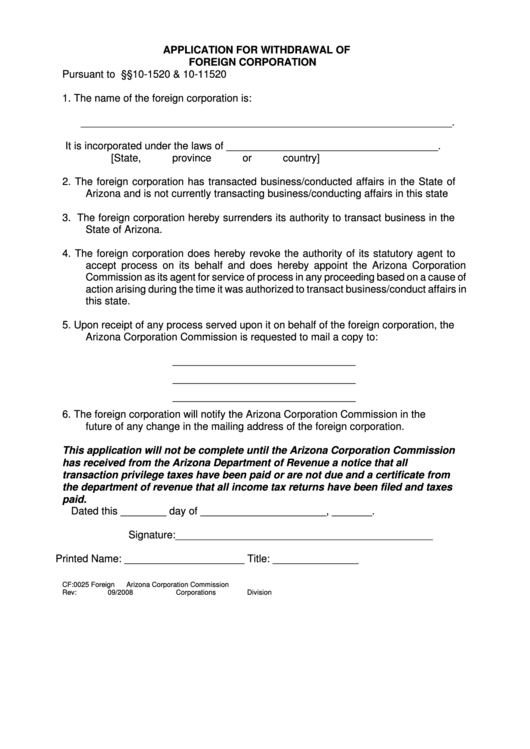 Application For Withdrawal Of Foreign Corporation Form Printable pdf