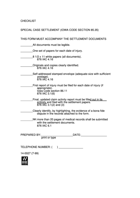 Checklist For Special Case Settlement Template Printable pdf
