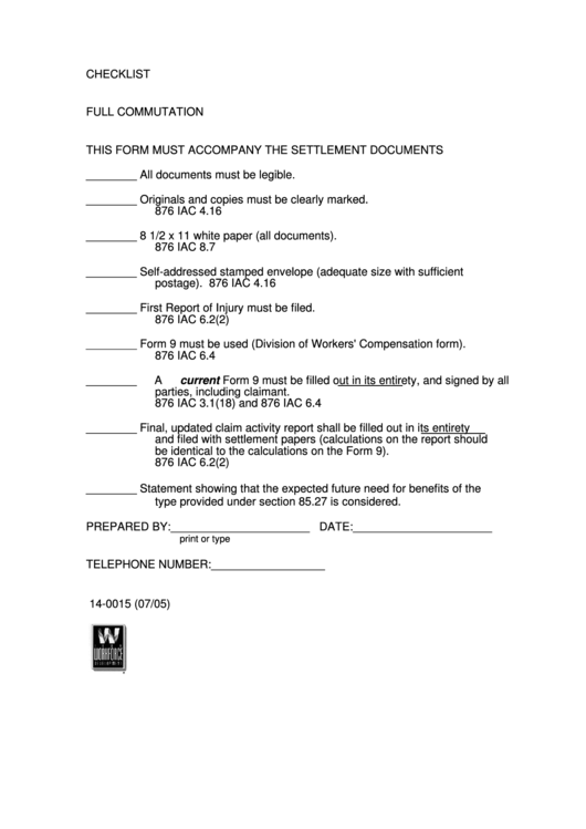 Form 14-0015 - Checklist Full Commutation - 2005 Printable pdf