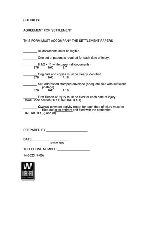 Checklist Agreement For Settlement Form Printable pdf