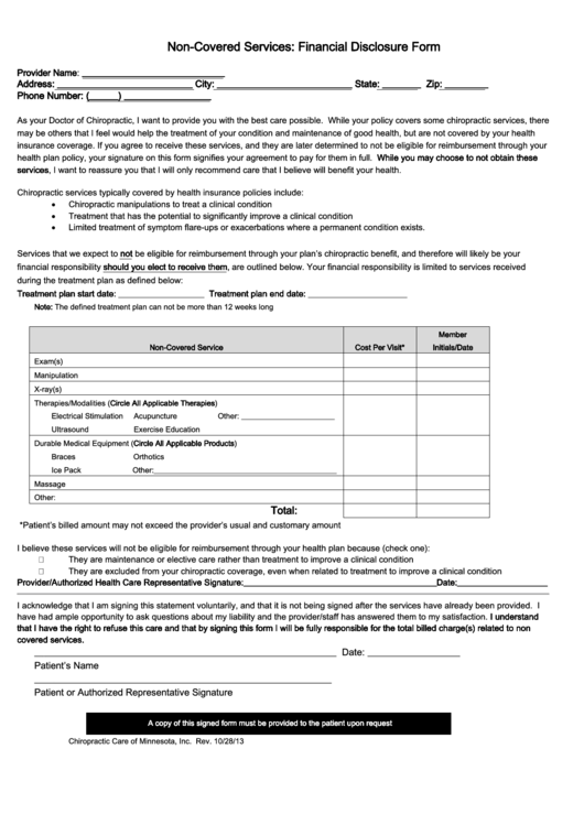 Non-Covered Services: Financial Disclosure Form 2013 Printable pdf