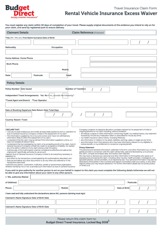 Fillable Rental Vehicle Insurance Excess Waiver Form Printable pdf