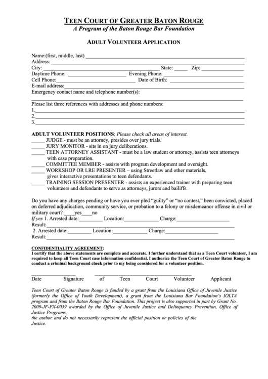 Adult Volunteer Application Form - Teen Court Of Greater Baton Rouge Printable pdf