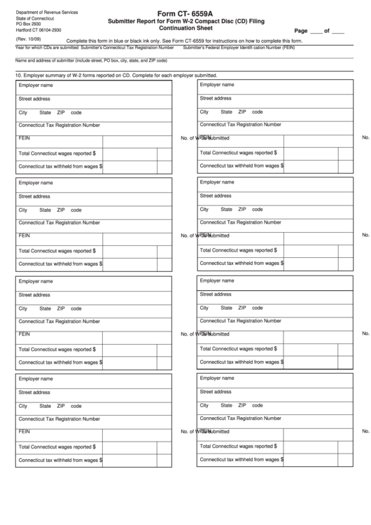 Form Ct- 6559a - Submitter Report For Form W-2 Compact Disc (Cd) Filing Continuation Sheet Printable pdf