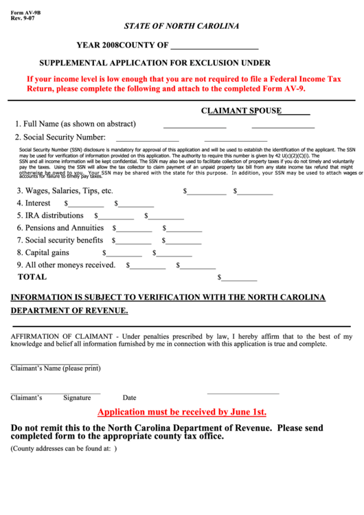 Form Av-9b - Supplemental Application For Exclusion Under G.s. 105-277.1 - 2008 Printable pdf