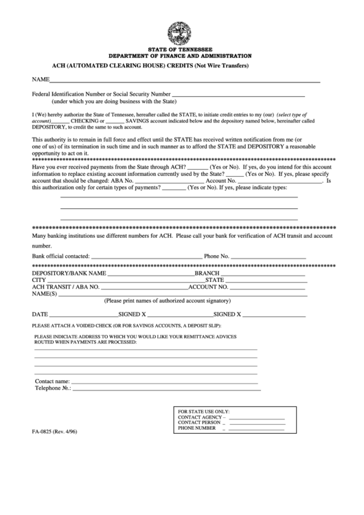 Form Fa-0825 - Ach (Automated Clearing House) Credits (Not Wire Transfers) 1996 Printable pdf