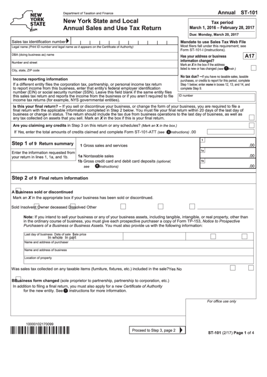 Fillable Form St 101 New York State And Local Annual Sales And Use 