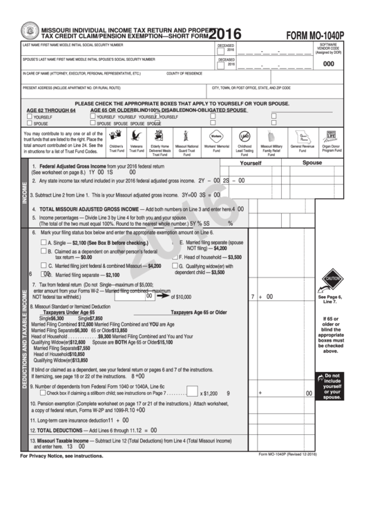 Form Mo-1040p - Missouri Individual Income Tax Return And Property Tax Credit Claim/pension Exemption - 2016 Printable pdf