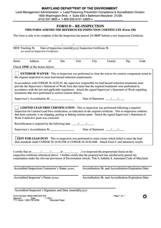 Form D - Re-Inspection 2011 Printable pdf
