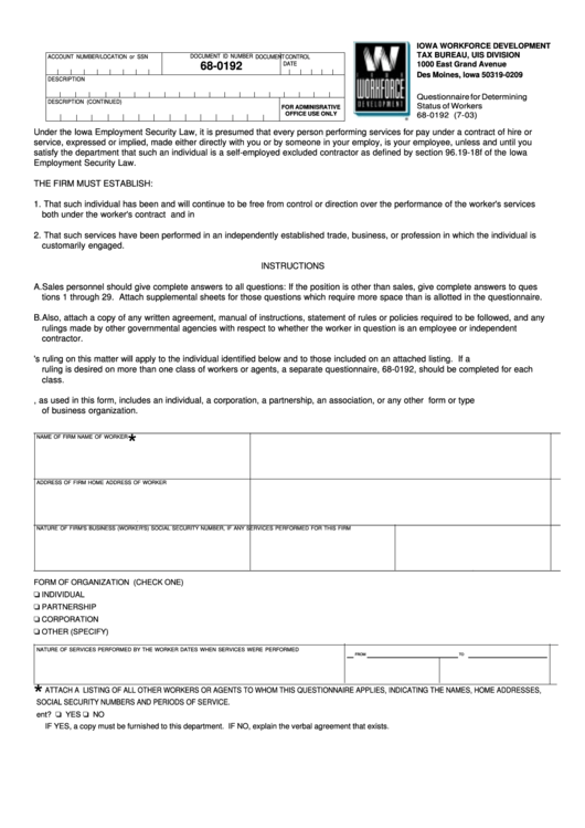 Form 68-0192 - Questionnaire For Determining Status Of Workers Printable pdf