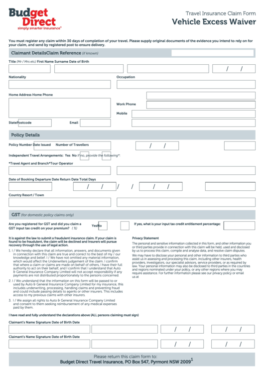 Vehicle Excess Waiver Insurance Form