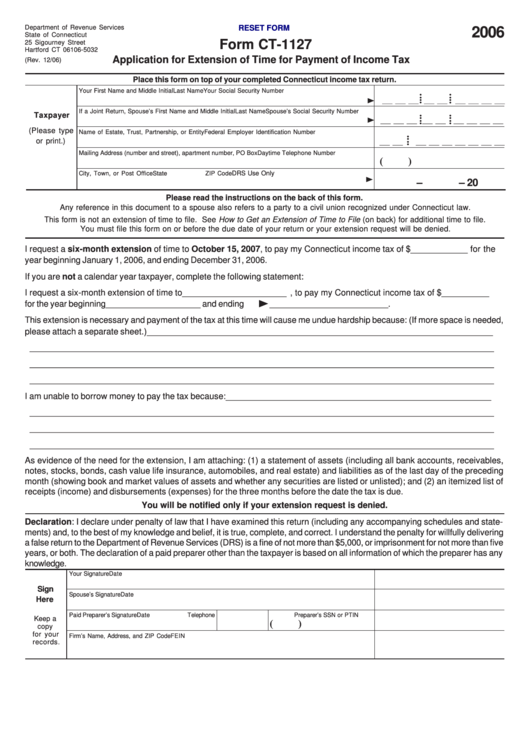 Fillable Form Ct-1127 - Application For Extension Of Time For Payment Of Income Tax - 2006 Printable pdf