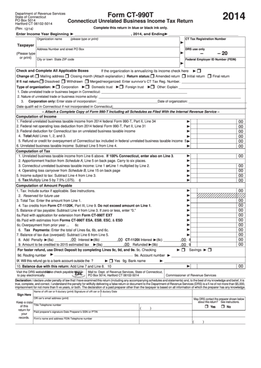 Form Ct-990t - Connecticut Unrelated Business Income Tax Return - 2014 Printable pdf