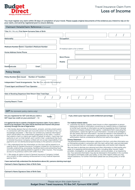 Fillable Travel Insurance Claim Form - Loss Of Income - Budget Direct Travel Insurance Printable pdf