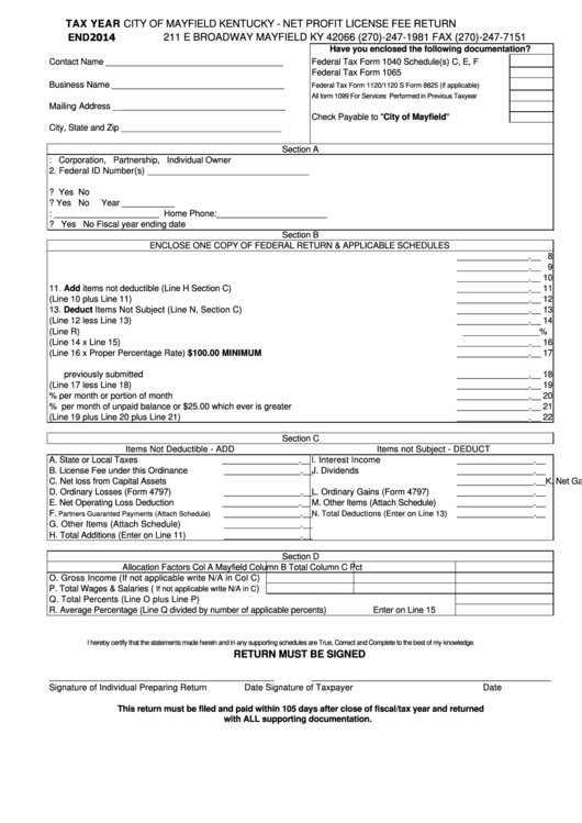 Net Profit License Fee Return - City Of Mayfield - 2014 Printable pdf