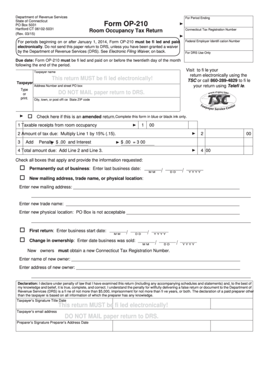 Form Op-210 - Room Occupancy Tax Return Printable pdf