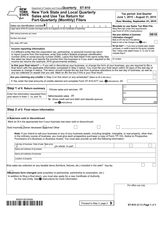 Form St-810 - New York State And Local Quarterly Sales And Use Tax Return For Part-quarterly (monthly) Filers