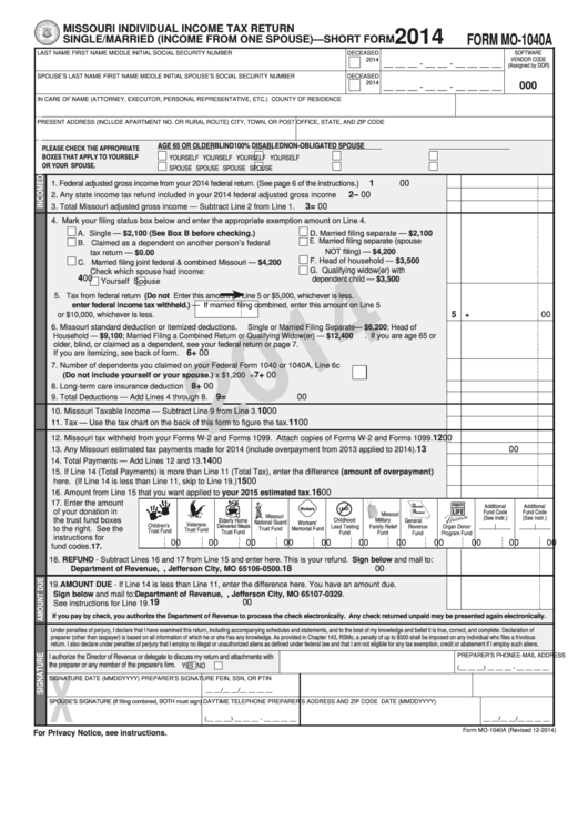 Form Mo-1040a - Missouri Individual Income Tax Return Single/married (Income From One Spouse) - 2014 Printable pdf