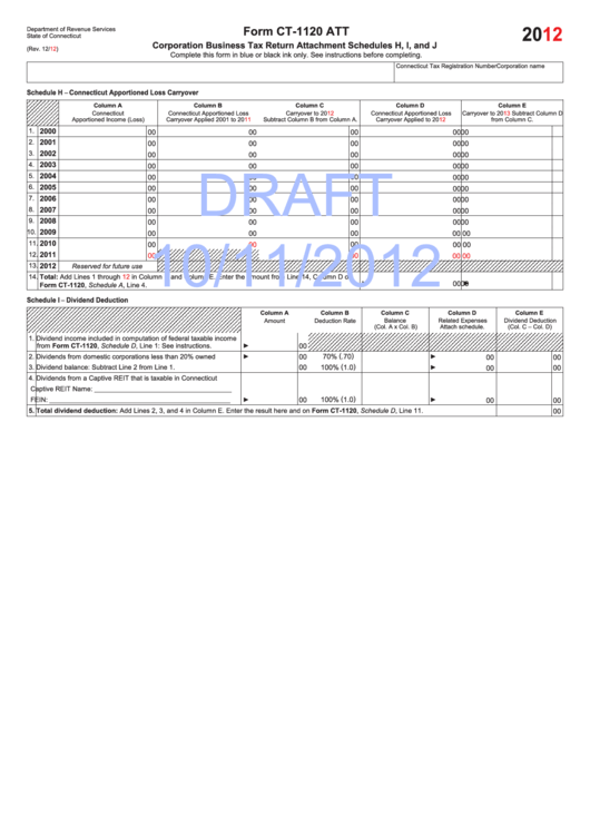 Form Ct-1120 Att Draft - Corporation Business Tax Return Attachment Schedules H, I And J - 2012 Printable pdf