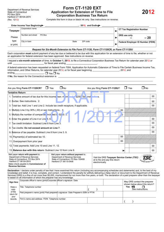 Form Ct-1120 Ext Draft - Application For Extension Of Time To File Corporation Business Tax Return - 2012 Printable pdf