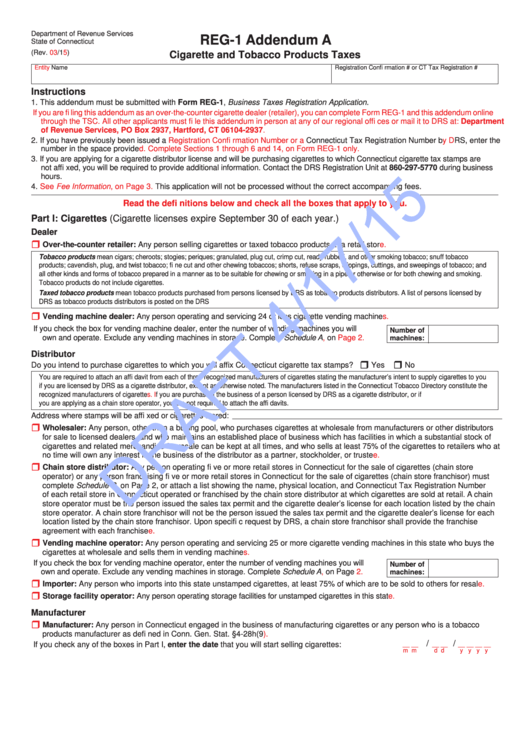 Form Reg-1 Draft - Addendum A Cigarette And Tobacco Products Taxes Printable pdf